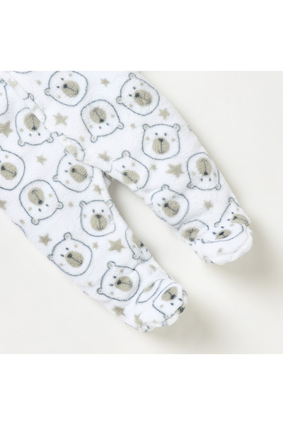 Juniors All-Over Bear Print Hooded Closed Feet Sleepsuit with Long Sleeves