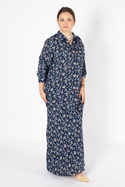 Bedrinxxl Kadın Büyük Beden Lacivert Çiçek Desenli İkili Takım Rahat Kesim Uz...