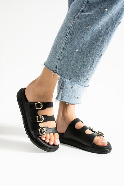 Güllü Shoes Black Vegan Leather Women's Slippers with Three Gold Buckles |   Stylish and Comfortable Summer Model with Orthopedic Soles
