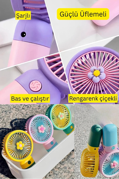 Abbruch By Sabron Güçlü Parvaneli Çiçekli Mini El Fanı Taşınabilir Şarjlı Serinletici Vantilatör Soğutucu