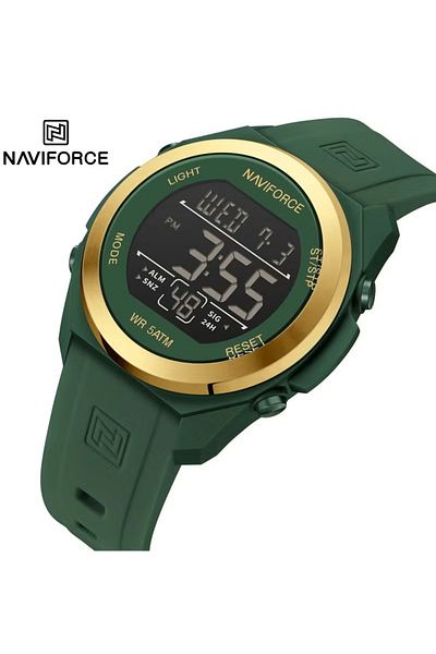 Naviforce Digital Sports Watch – Green & Gold Design, Water Resistant, Multi-Function Display, Silicone Strap