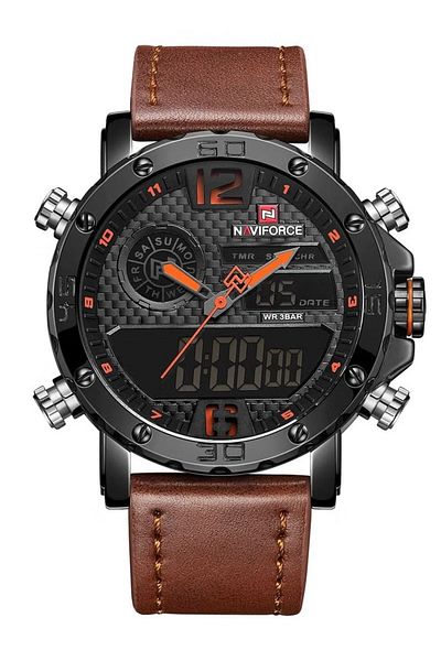 Naviforce Men's Analog-Digital Chronograph Watch – Black Dial, Light Brown Leather Strap, Dual Display