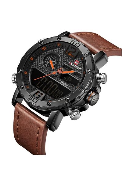 Naviforce Men's Analog-Digital Chronograph Watch – Black Dial, Light Brown Leather Strap, Dual Display