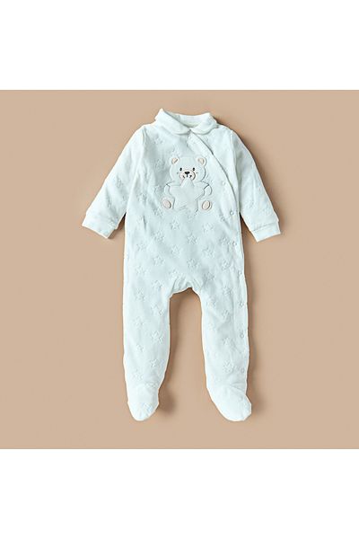 Juniors Bear Applique Velour Footed Sleepsuit and Beanie Cap