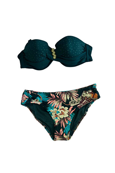 hazelin Γυναικείο σετ μπικίνι με σμαραγδένια πράσινη πέτρα με κεντημένο αξεσουάρ με λεπτομέρεια HZL25S-LC4005