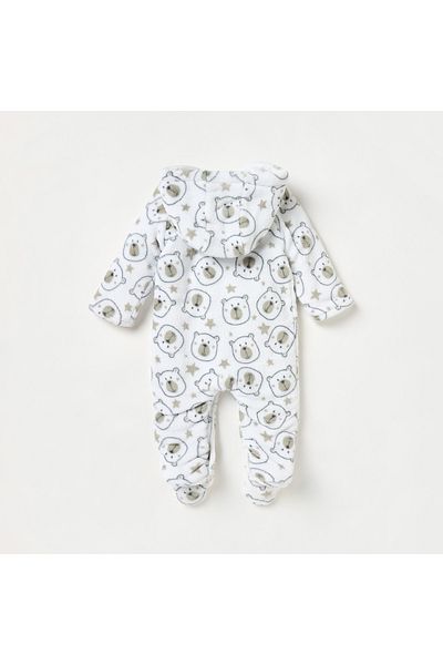 Juniors All-Over Bear Print Hooded Closed Feet Sleepsuit with Long Sleeves