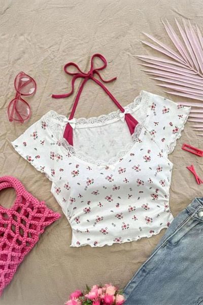 Karakedi Red Suspender Tie Detailed Floral Short Sleeve Body