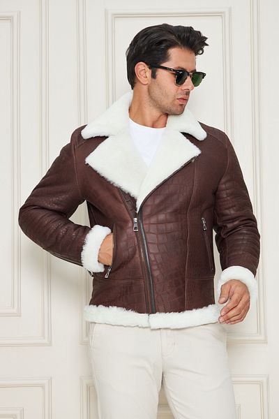 By Marki Marki Men's Pilot Genuine Fur Coat – Brown Crocodile Printed Leather, Cruiser Fur Coat- 500722X