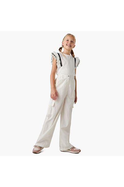 Juniors Solid Cargo Pants with Button Closure and Pockets