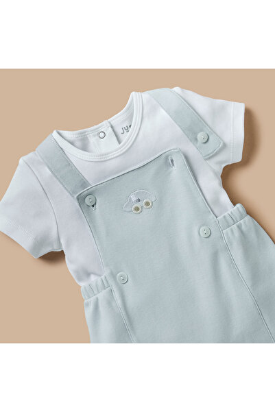 Juniors Car Embroidered Cotton Dungaree and T-shirt Set