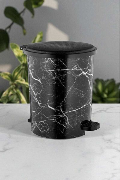 ÇEÇEN HOME Black Marble Pattern Pedal Kitchen and Bathroom Trash Can 3 No 12 Lt (Length: 35.5 cm Width: 24.5 cm)