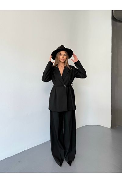Cappmoda Tkm-03671 Black Waist Tied Button Jacket Loose Trousers Linen Fabric Double Suit