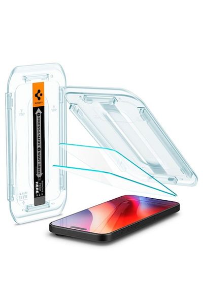 Spigen Set 2 folii sticla cu sistem de montare Case friendly Spigen GLAStR EZ FIT compatibil cu iPhone 16 P