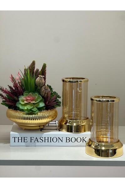 TASARIMHMODA Yapay Sukulentli Vazo Ve ikili Mumluk Set Kitap Kutu Hediyeli No:1