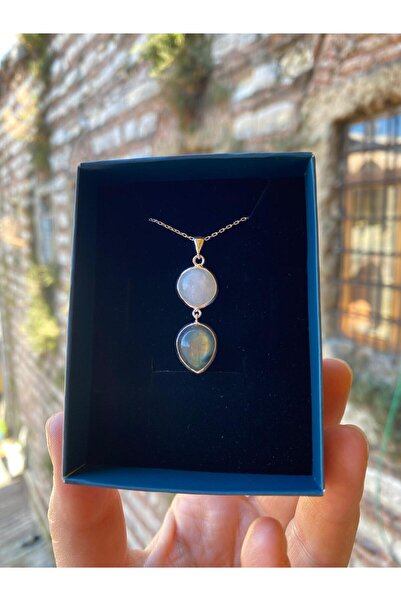 By Atölye Ay Taşı & Labradorit Doğal taşlı İkili Gümüş Kolye