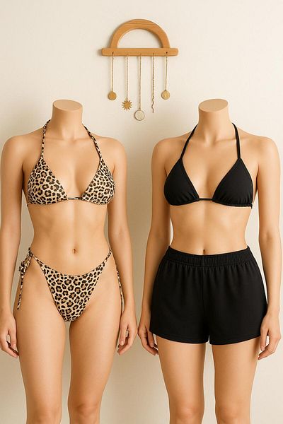 Stail Moda Women's Black+Leopard Side and Neck Tie Shorts Triangle Bikini Nightdress Sea Team