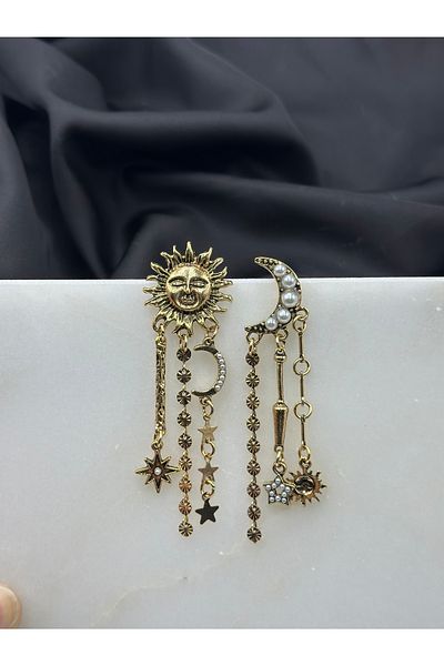 Duéra Sun and Moon with Pearl Vintage Design Brand Model Gold Gold Detailed Dangle Earrings