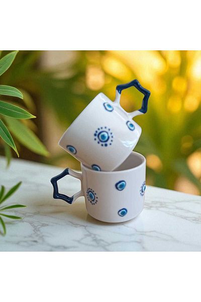 Simge Seramik 2 Li Evil Eye Bead Embroidered Star Handmade Natural Ceramic Mug Mug Tea Cappuccino Cup