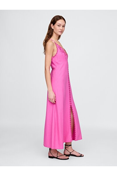 GAP Kadın Pembe Linen-Blend Nakışlı Halter Maxi Elbise