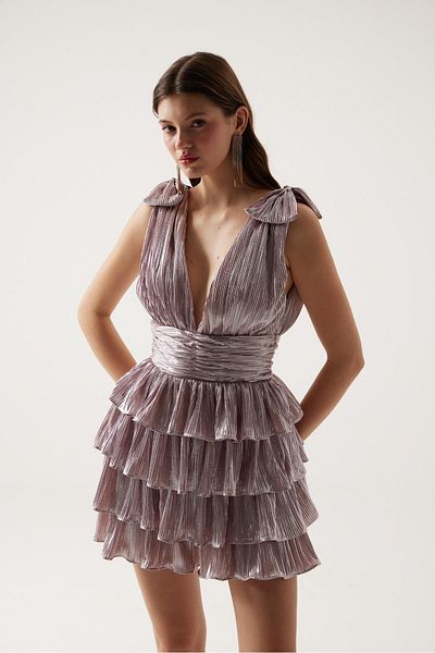 HOLLY LOLLY Shiny Fabric Ruffled Mini Paola Dress Pink