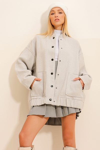 VAGGON Women's Gray Snap Closure Double Pocket Herringbone Patterned Cashmere Coat Vgn-X11056