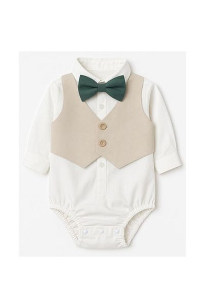 OEM Costum Botez Baiat 5 Piese cu Camasa Tip Body – Sacou Verde, Pantaloni Bej, Vesta, Papion si Beret