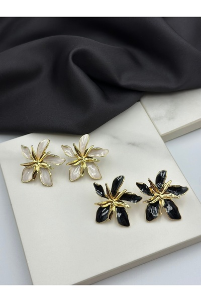 Genel Markalar Beyaz Mineli Çiçekli Altın Gold Detaylı Tasarım Şık Küpe