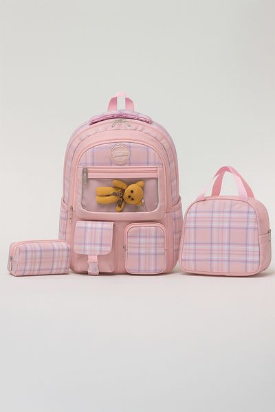 KAFF 01128 Pink Korean Style Water Resistant Fabric 3-Piece Bag-Lunch-Pencil Case Girl's Primary School Bag