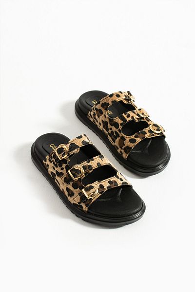 Güllü Shoes Leopard Patterned Women's Slippers with Three Gold Buckles |   Stylish and Sparkling Summer Model with Orthopedic Soles