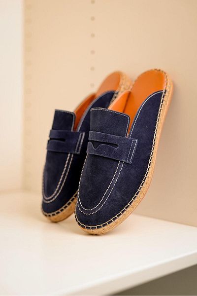 lovitto Men's Genuine Leather Rubber Sole Navy Blue Espadrille Slippers
