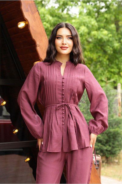 Dadali Tie-Dye Button Detail Linen Set Bordo