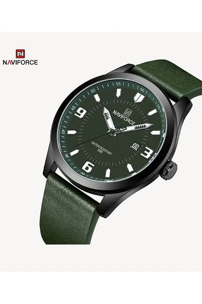 Naviforce Green Leather Strap Mens Watch Waterproof Date Display Analog Quartz Wristwatch for Men Luminous