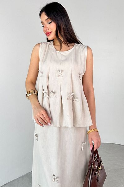 Cappmoda Tkm-13283 Stone Color Round Neck Decorated Blouse Waist Elastic Skirt Double Suit