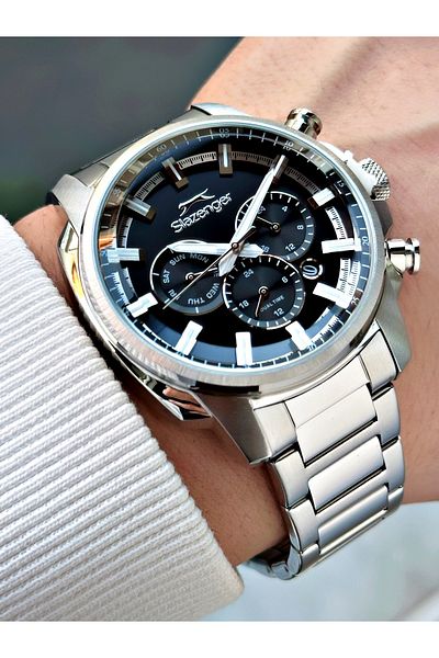 Slazenger Silver-Black Color 10 Atm Waterproofness Steel Cord Steel Case Men Wristwatch 2479.01Mr