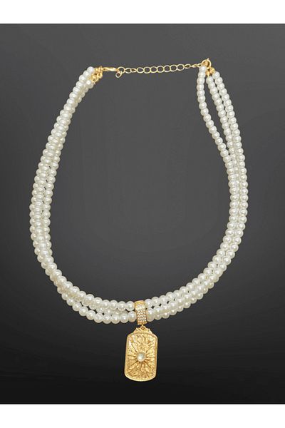 FM Sun Symbol Pendant 3 Row Pearl Model Bijoux Necklace |   Gold Detailed & Sparkling