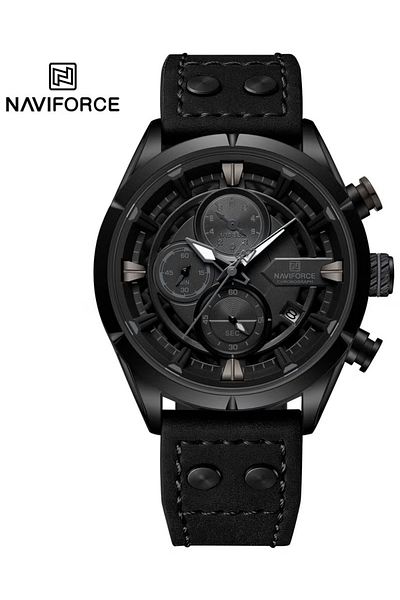 Naviforce Sport Chronograph Wrist Watch for Men with Leather Strap Water Resistant Multi-Function Analog
