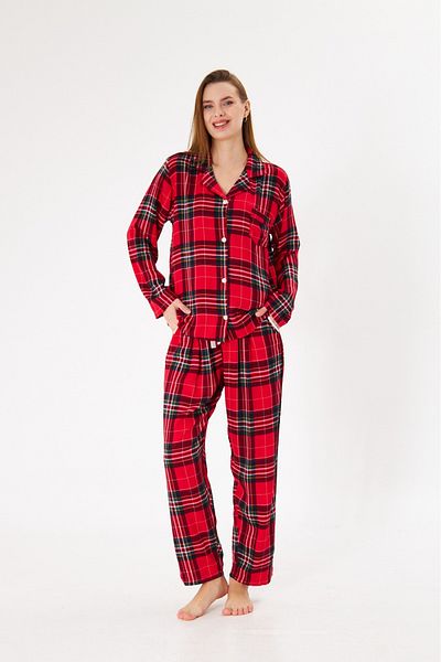 seamlife Women's 100% Cotton Woven Red Plaid Pattern Shirt Collar Buttoned Pajama Suit with Pockets