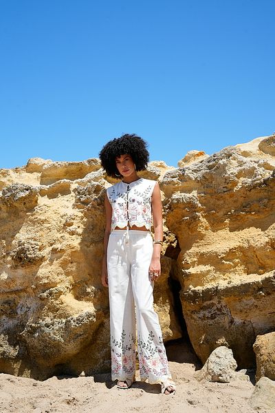 ASEDE Floral Pattern Embroidered 100% Cotton Shirt Pants Set