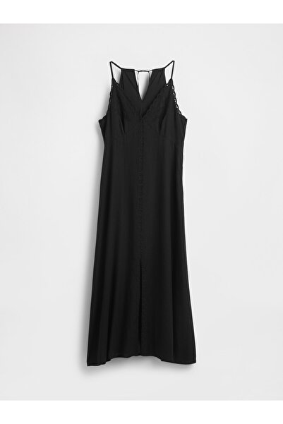 GAP Kadın Siyah Linen-Blend Nakışlı Halter Maxi Elbise
