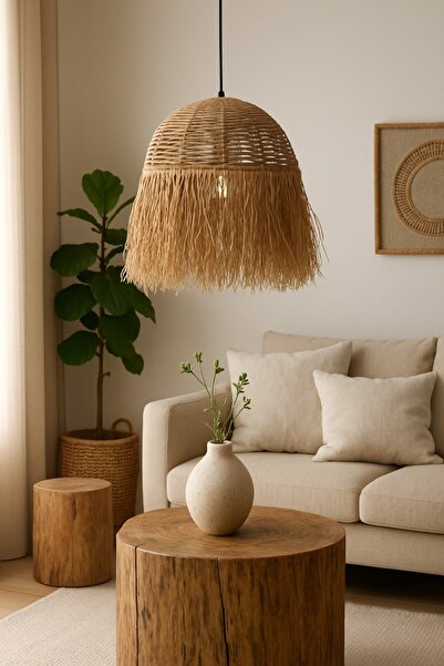 oceanpoint Doğal Hasır Örgü Jüt Rafya Avize, El Yapımı Bohem Saçaklı Sarkıt Lamba 45x55 cm