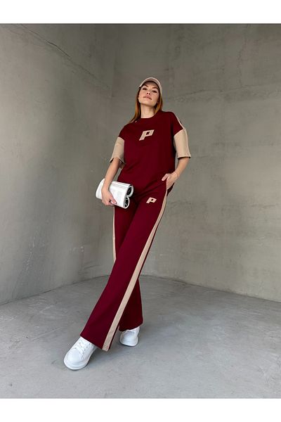 Cappmoda Tkm-03654 Burgundy Beige P Embroidered Crew Neck Tshirt Waist Elastic Palazzo Bottom Double Suit