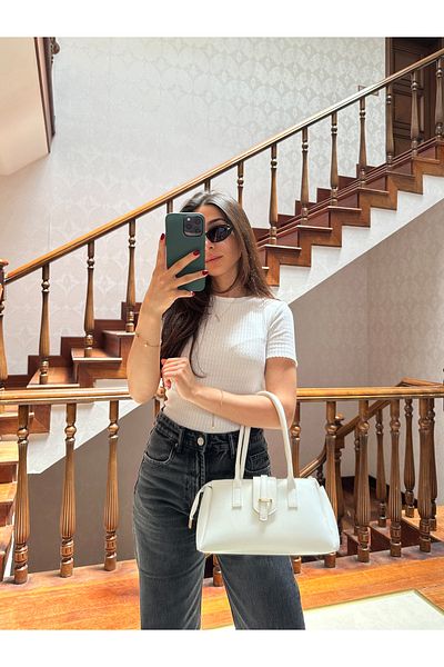 NOTHING Women's White Cream Gold Accessory Detailed Scarf Gifted 2-Piece Hand Shoulder and Crossbody Bag Set Rayaroma