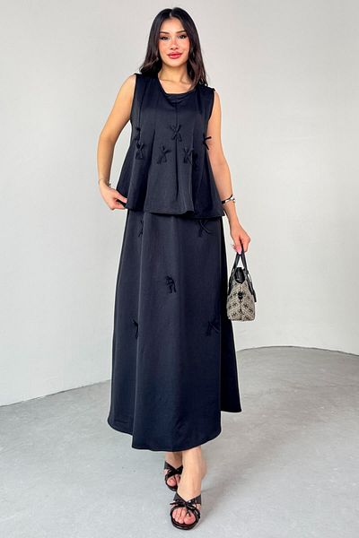 Cappmoda Tkm-13283 Black Round Neck Decorated Blouse Waist Elastic Skirt Double Suit