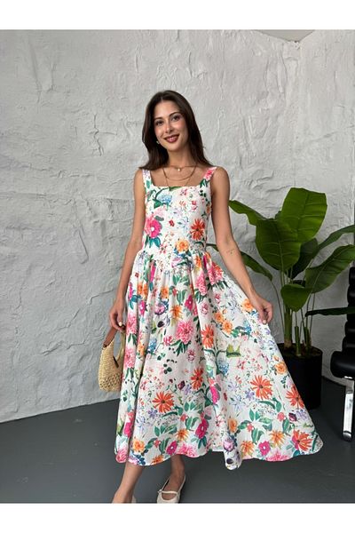 Elif Özbey Butik Ανοιξιάτικο λουλουδάτο λινό φόρεμα