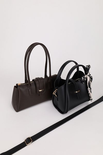 NOTHING Women's Coffee Black Gold Accessory Detailed Scarf Gifted 2-Piece Hand Shoulder and Crossbody Bag Set Rayaroma