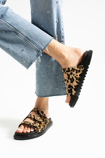 Güllü Shoes Leopard Patterned Women's Slippers with Three Gold Buckles |   Stylish and Sparkling Summer Model with Orthopedic Soles