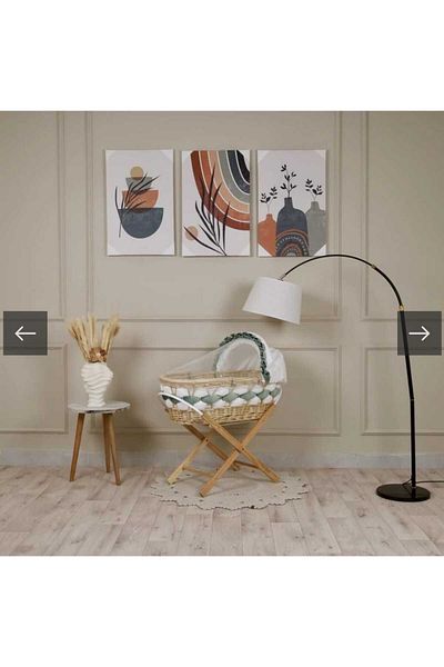 Mini Baby Moses basket made of rattan with gray braid and wooden rocking stand