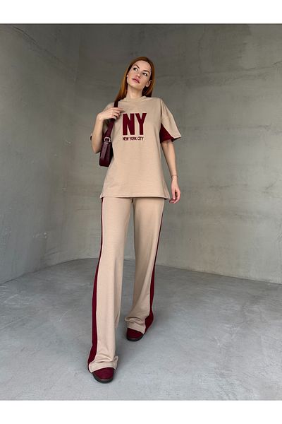 Cappmoda Tkm-03655 Beige Color Claret Red Ny Embroidered Crew Neck Tshirt Waist Elastic Palazzo Bottom Double Suit
