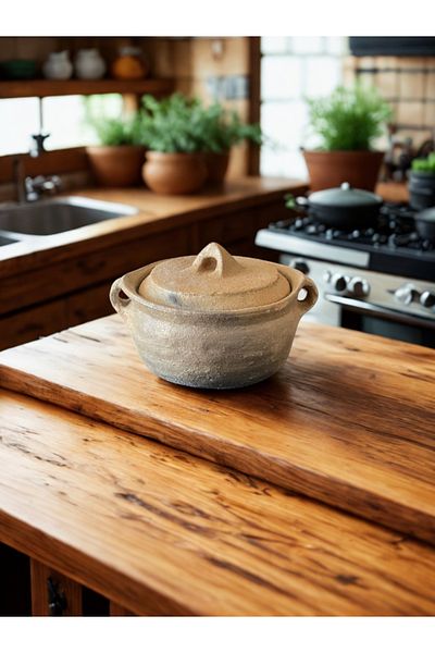 RGS HOMELİFE Natural Handmade Medium Size 24 cm Baked Stoneware Stew Pot with Lid
