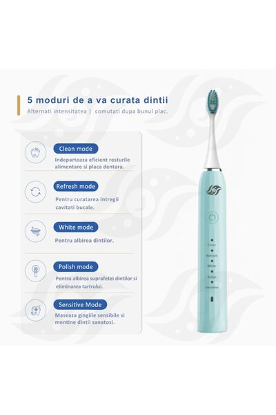 JFlow Periuță de dinți electrică JetFlow, 5 programe, funcție de memorie, temporizator inteligent, USB-C, IPX7, 4 capete, Blue Co